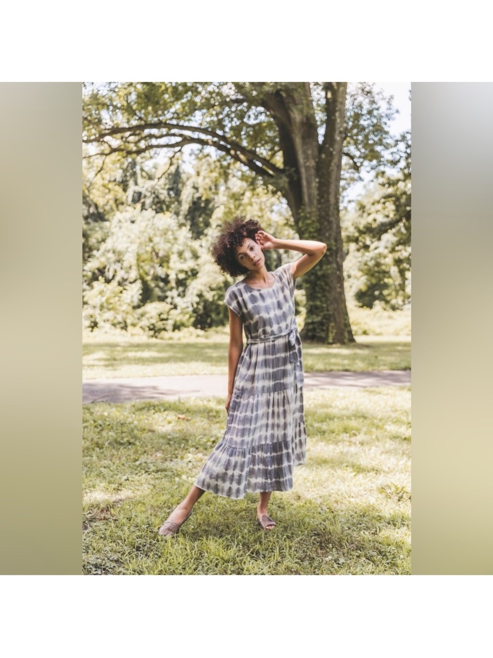 Voloshin Janis‎ Tiered Dress Double Gauze Cotton Gray White Ash Tie Dye XSmall